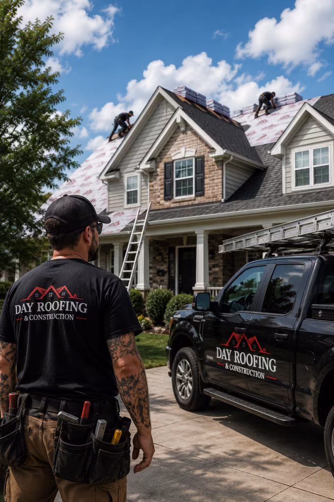 Day Roofing & Construction roofer at a job site as the crew works on the roof