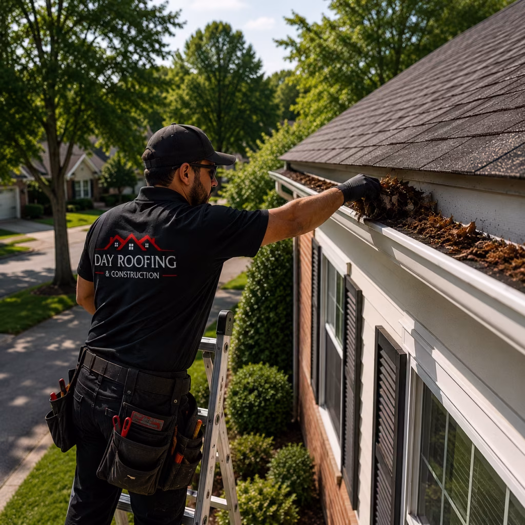Technician clearing leaves from a home's gutter while standing on a ladder