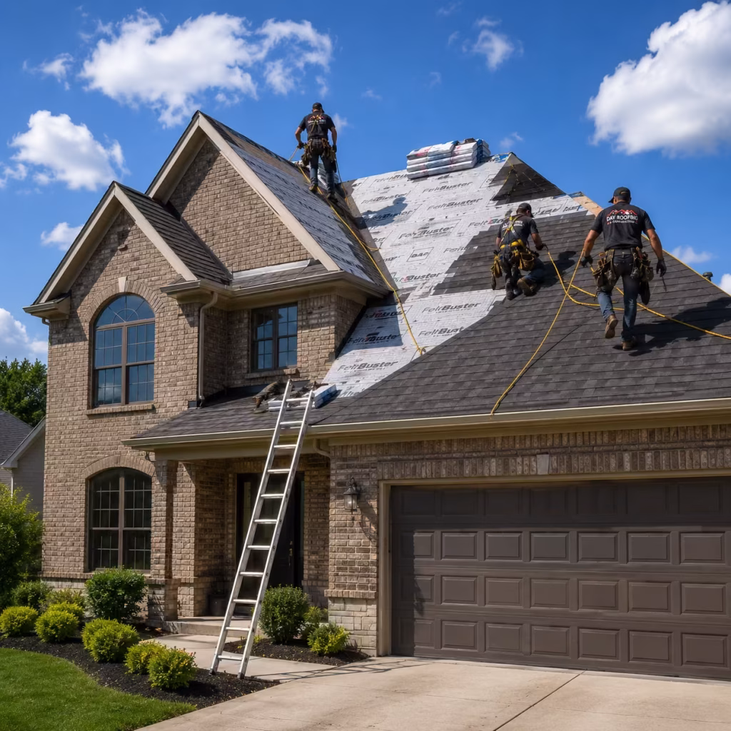 Roofing crew installing underlayment and shingles on a large brick home