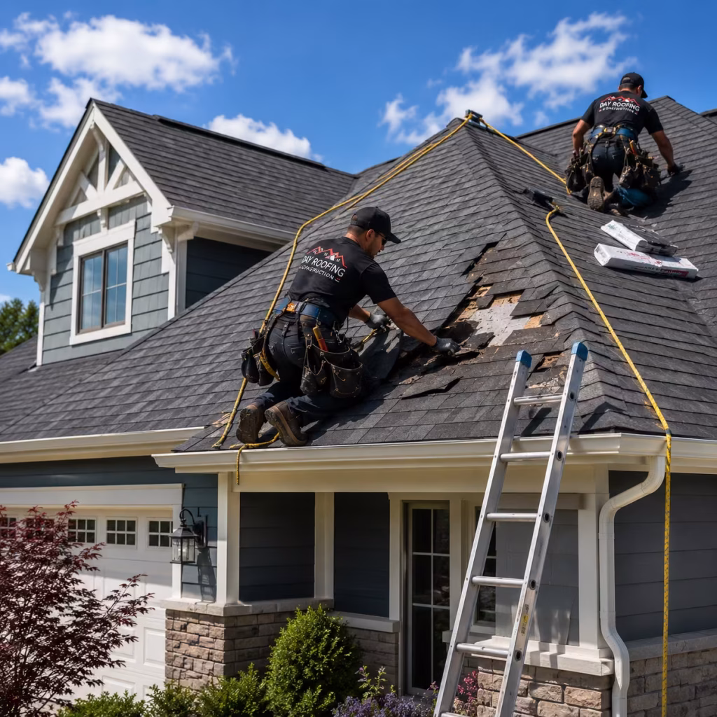 Roofers tearing off damaged shingles during a roof replacement