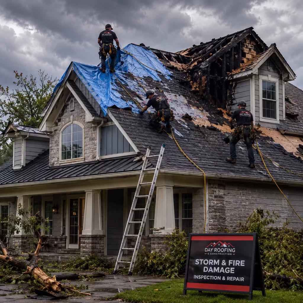 Crew tarping a storm and fire damaged roof beside a Day Roofing inspection sign