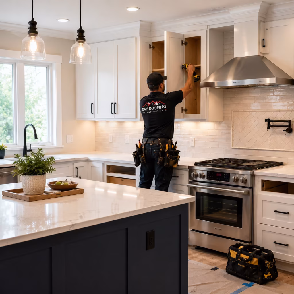 Contractor installing upper kitchen cabinets during a kitchen remodel