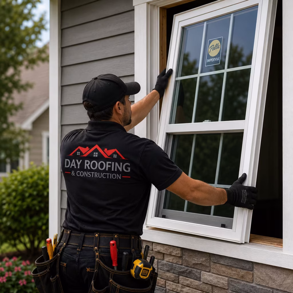 Contractor installing a new energy-efficient replacement window